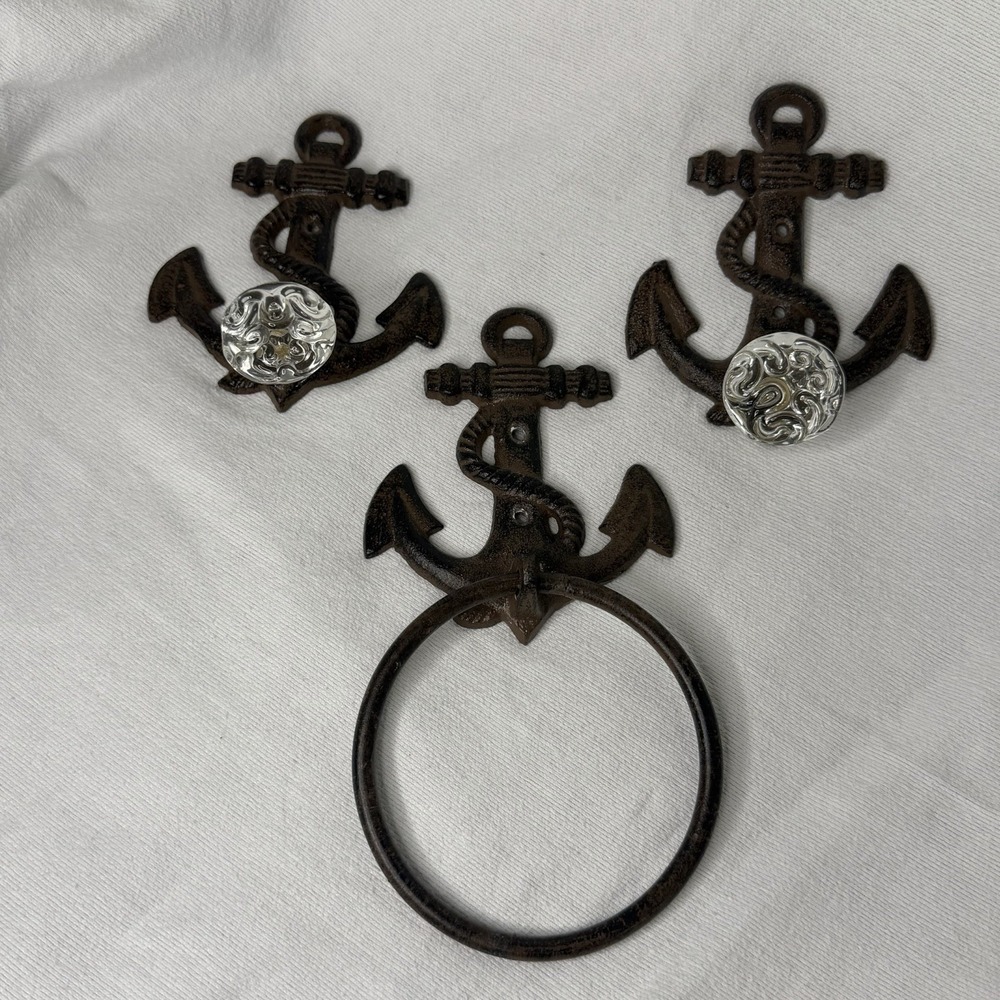 Cast Iron Anchor Hangers Towel Ring 3pc Rustic Nautical Coastal Decorative Knobs